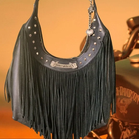 Harley-Davidson Black Studded Fringe Hobo Bag - Picture 1 of 8